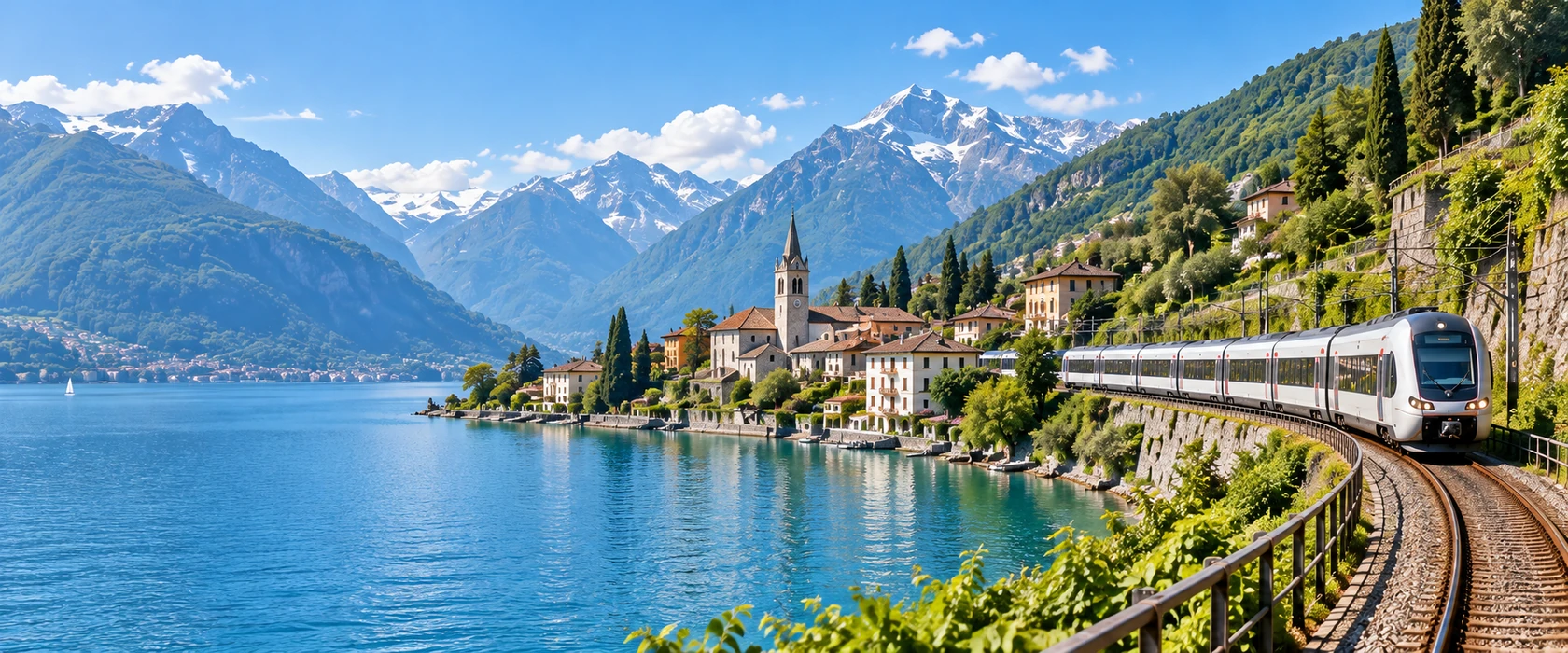 An Alpine lakeside town with a train following the shore