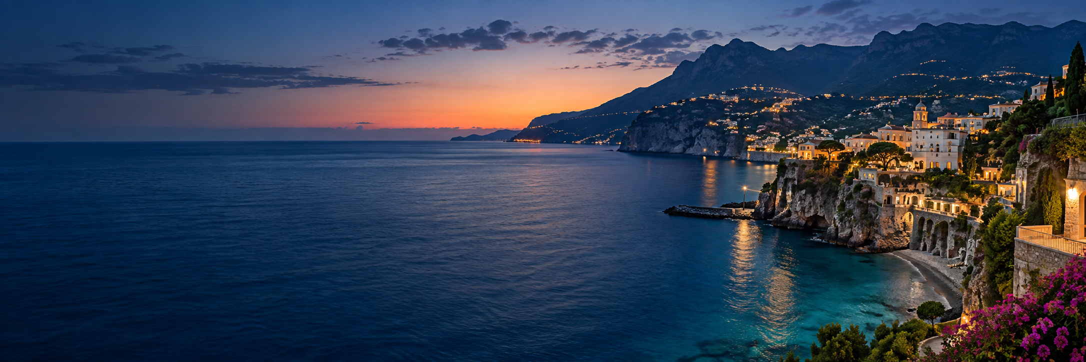 Mediterranean coastline at sunset
